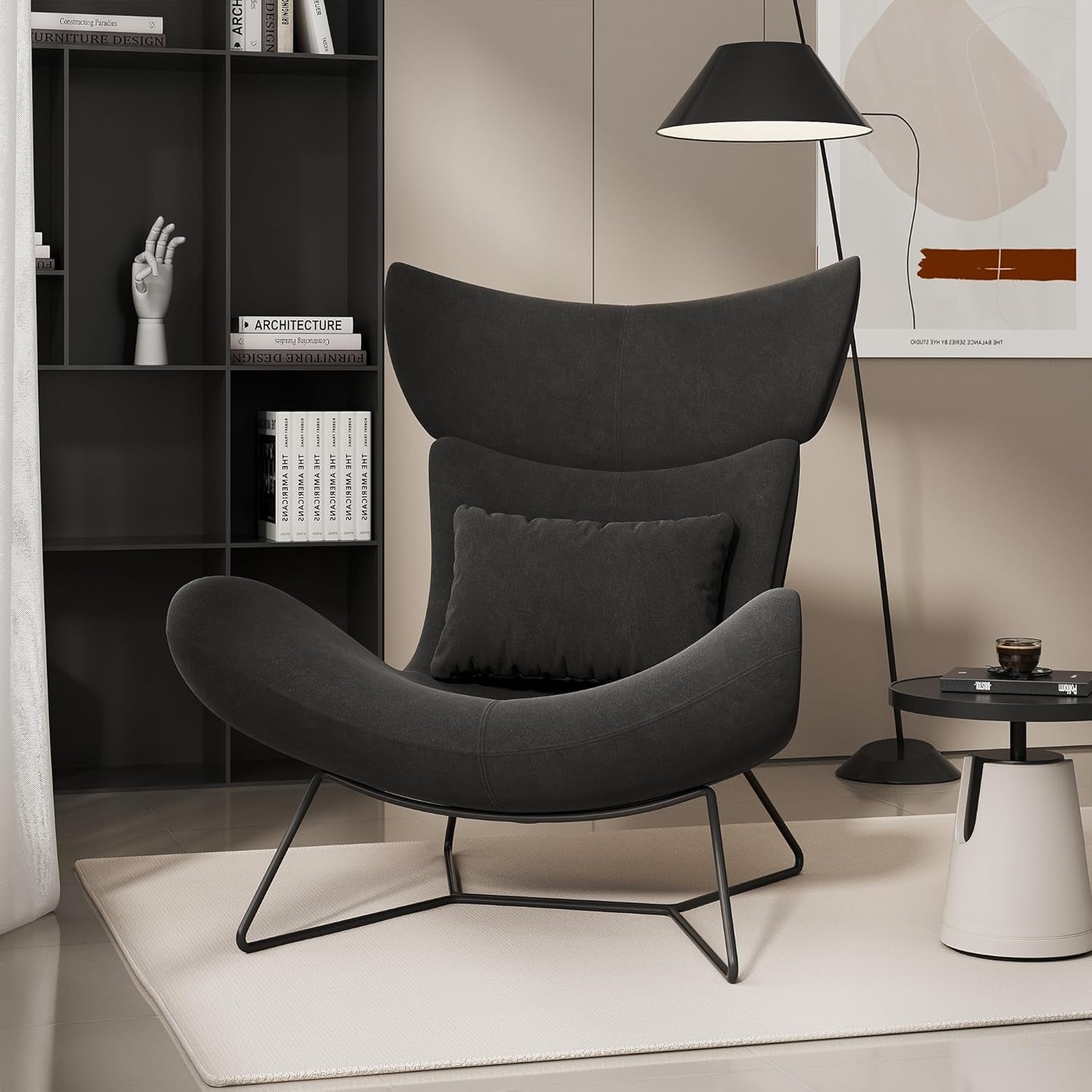 Beige Velvet Wingback Accent Chair Mid Century Modern ShipItFurniture