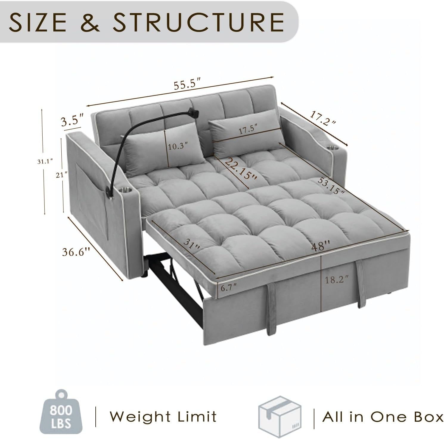 Grey Convertible Sleeper Loveseat Bed With ThreeInOne ShipItFurniture