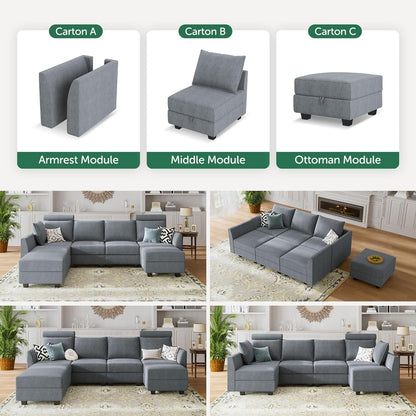 Modular U Shaped Sectional Sofa Bluish Grey With Storage ShipItFurniture