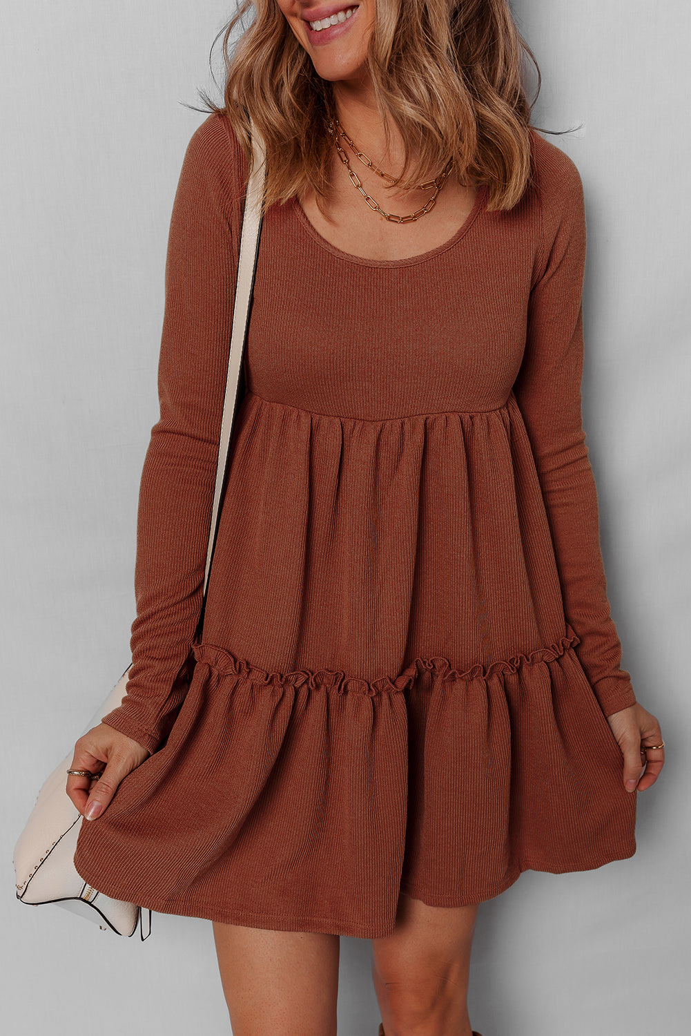 Everleigh Ribbed Frilled Trim High Waist Dress Threaded Pear