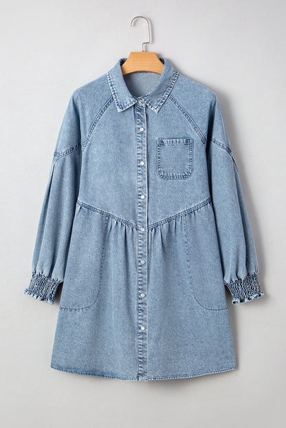Molly Smocked Cuffs Flared Denim Shirt Mini Dress