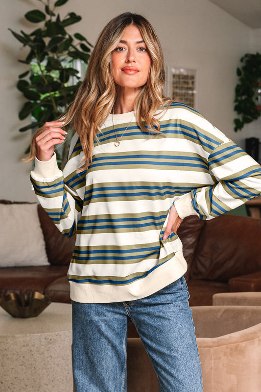 Rose Stripe Crew Neck Pullover Sweatshirt Threaded Pear