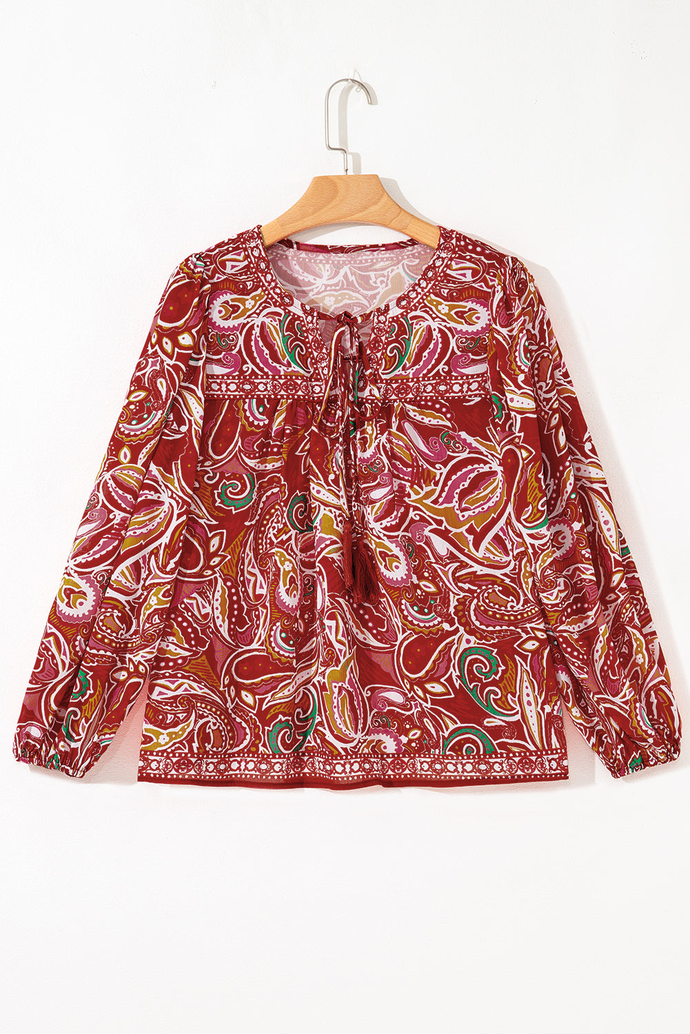 Quinn Paisley Tassel Tie Puff Sleeve Boho Blouse Threaded Pear