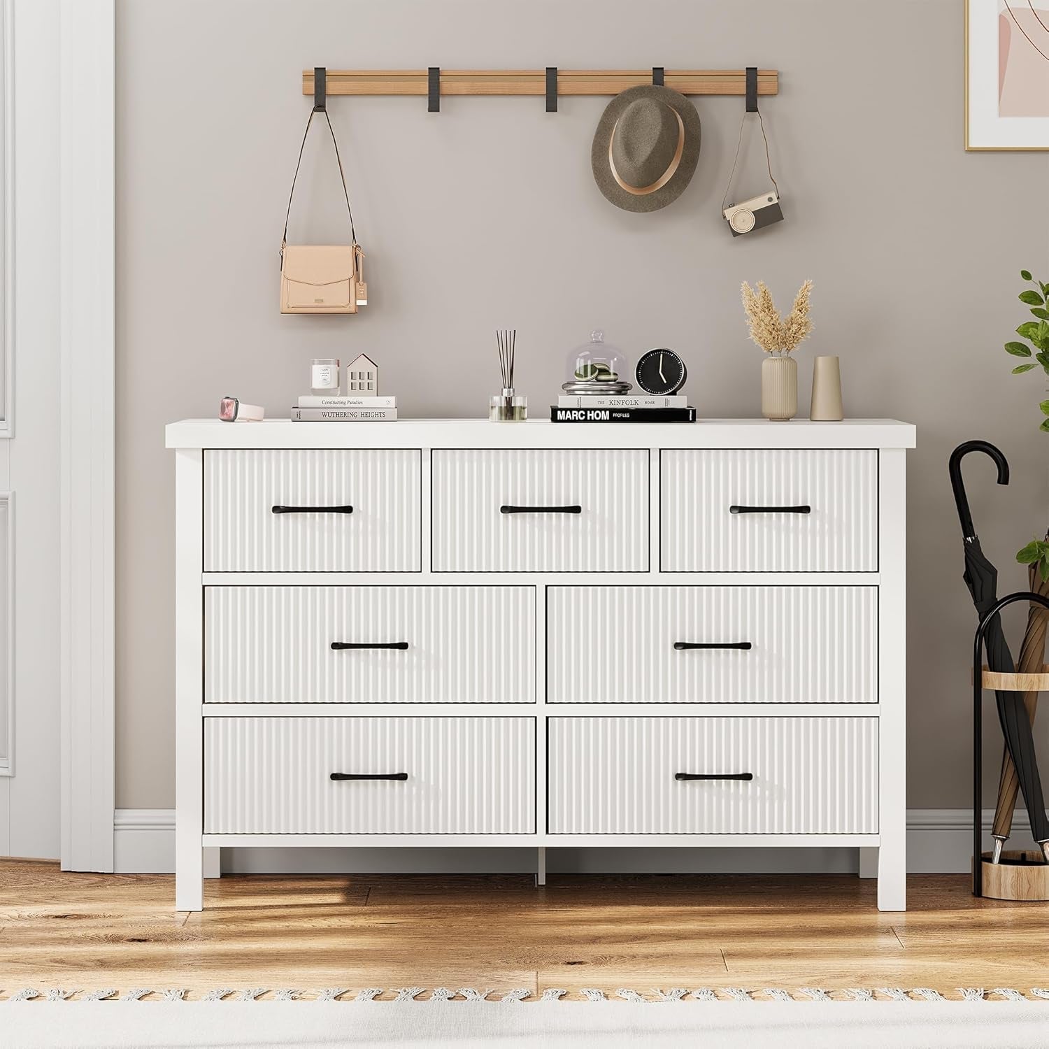 White Dresser 7 Drawer Dresser for Bedroom, Modern Fluted Dresser with Solid Wood Legs, Long Double Wooden Dresser Large Chest of Drawers for Living Room, Entryway, Hallway (White Fluted) ShipItFurniture