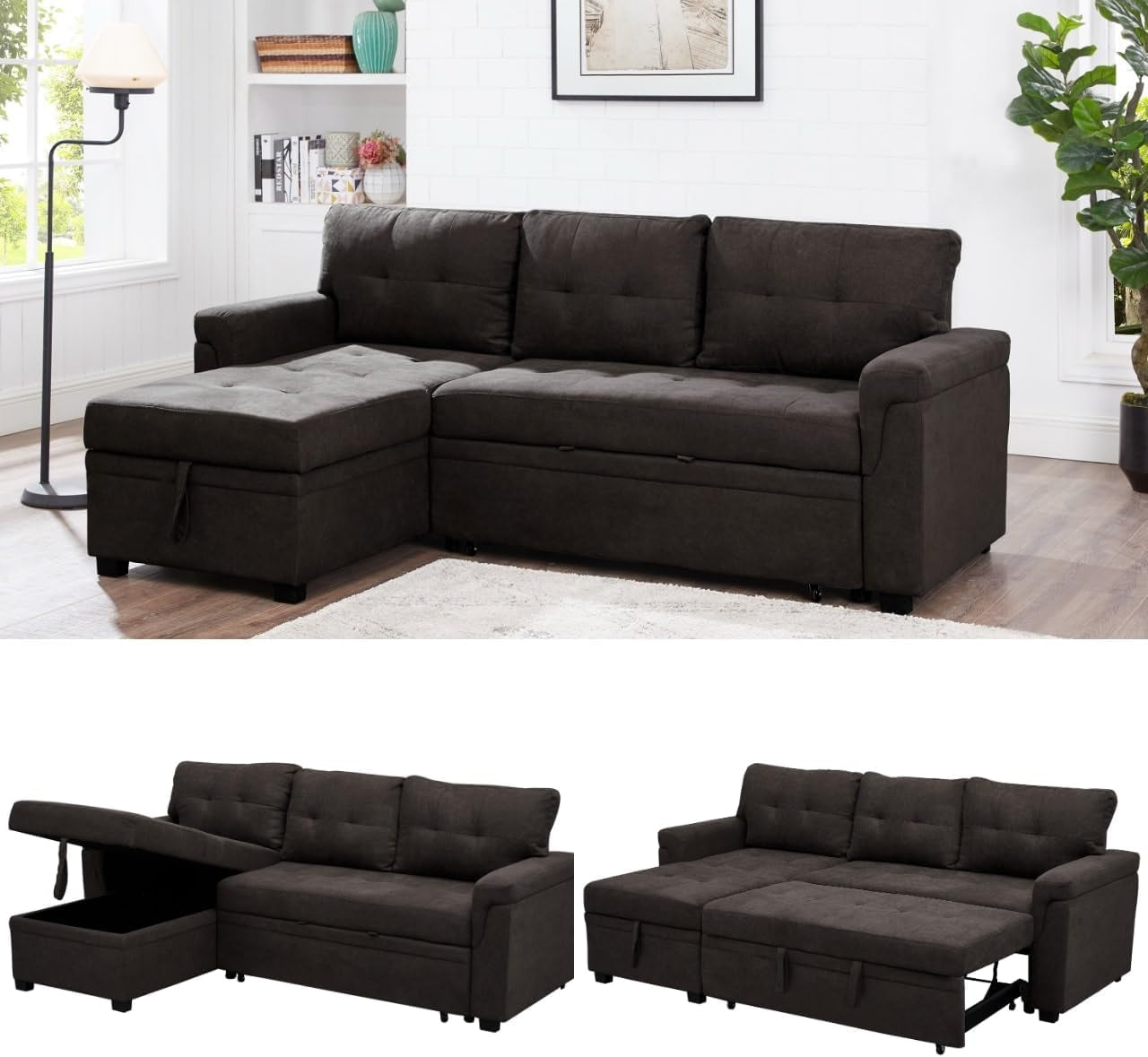 Espresso Velvet Sleeper Sectional Sofa Bed Chaise Set ShipItFurniture