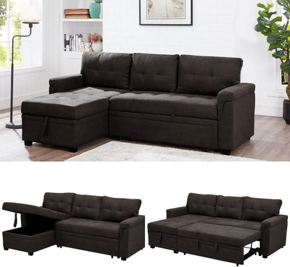 Espresso Velvet Sleeper Sectional Sofa Bed Chaise Set ShipItFurniture