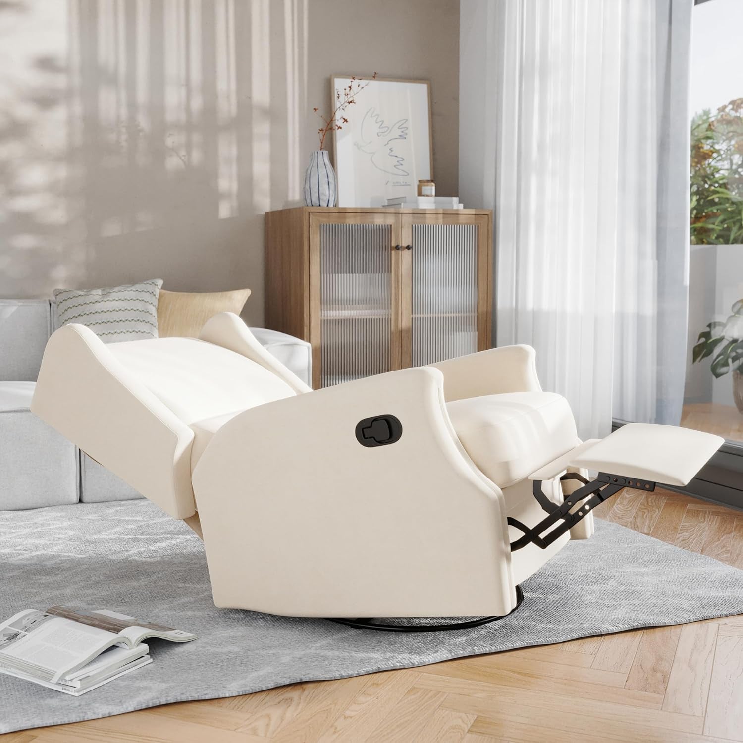 Omma Swivel Glider Rocking Recliner Cream Upholstered 3In1 ShipItFurniture