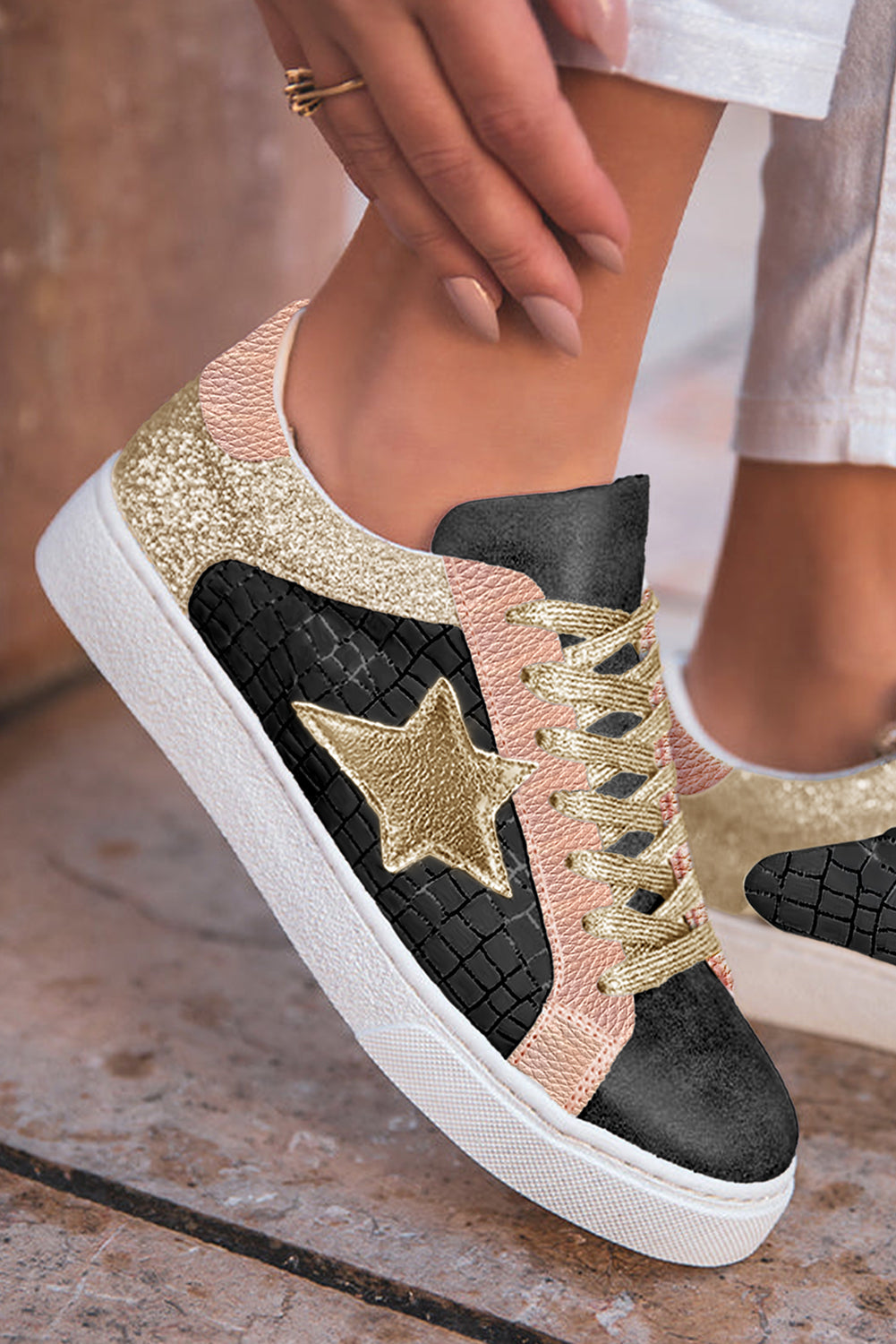 Clare Gold Glitter Star Lace-up Sneakers Threaded Pear
