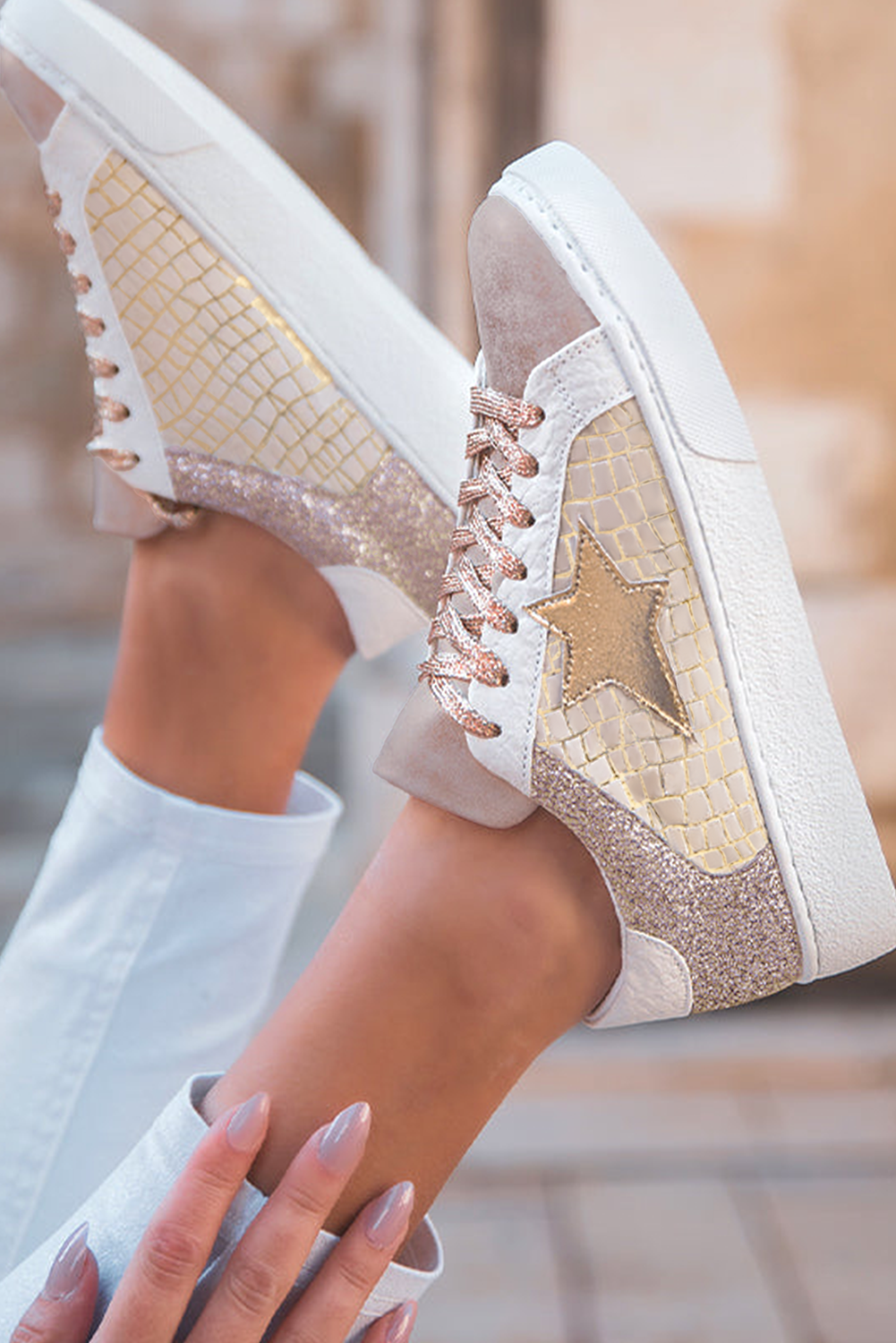 Clare Gold Glitter Star Lace-up Sneakers Threaded Pear