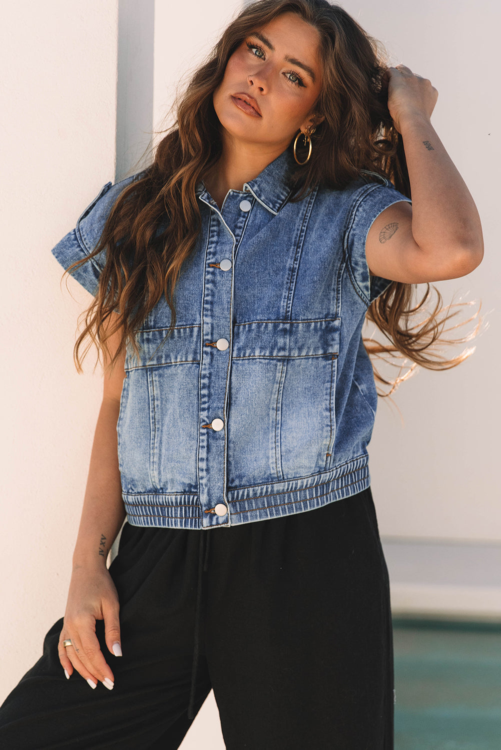 Nora Blue Acid Wash Elastic Hem Button Up Denim Vest Threaded Pear