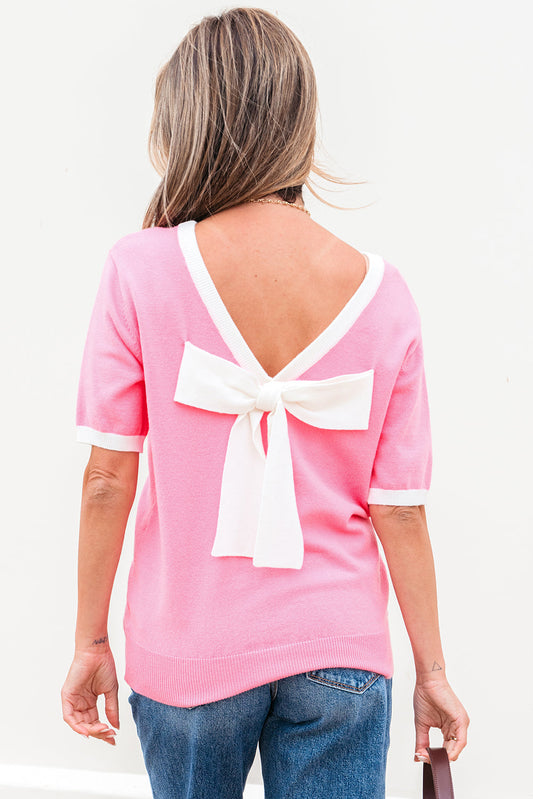 Mercy Bow V-Shape Cut Back Short Sleeve Sweater