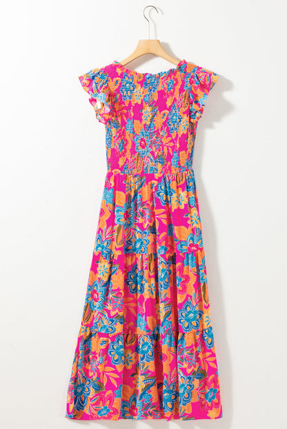 Kamari Boho Floral V Neck Ruffle Tiered Long Dress