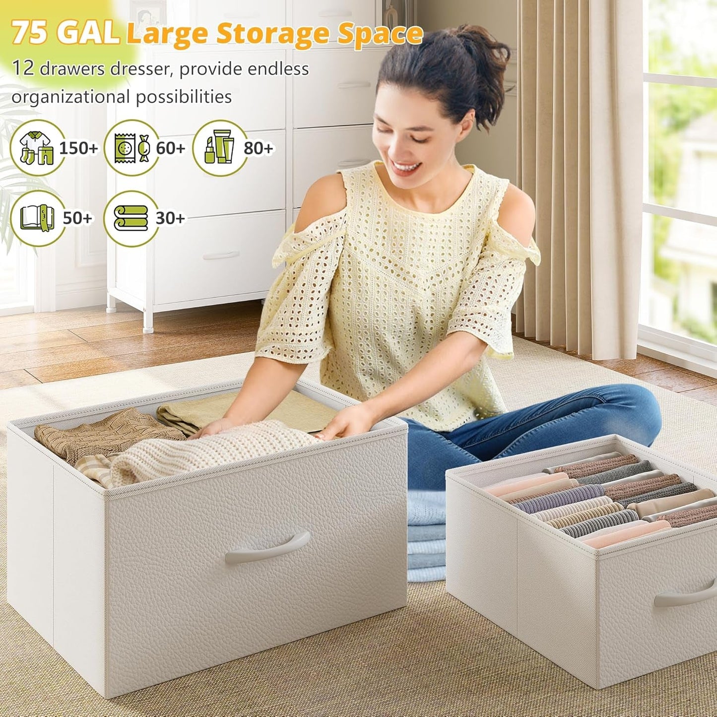 Dresser for Bedroom with LED Lights, 12 Drawers Bedroom Dresser, Black Dresser and Tall Dresser with Open Shelves, Fabric Dressers & Chests of Drawers with Sturdy Metal Frame, White ShipItFurniture
