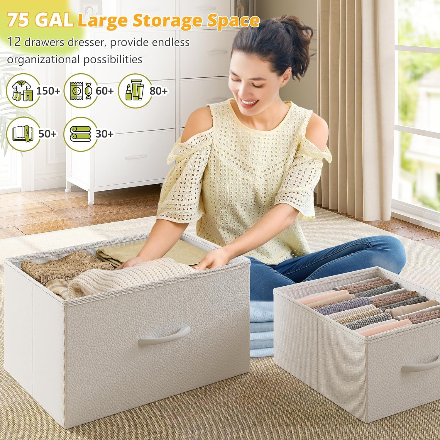 Dresser for Bedroom with LED Lights, 12 Drawers Bedroom Dresser, Black Dresser and Tall Dresser with Open Shelves, Fabric Dressers & Chests of Drawers with Sturdy Metal Frame, White ShipItFurniture