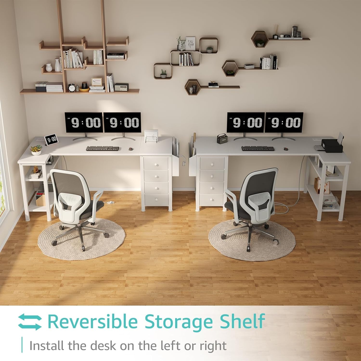 White L Shaped Desk 55 Inch With Power Outlet And Storage ShipItFurniture