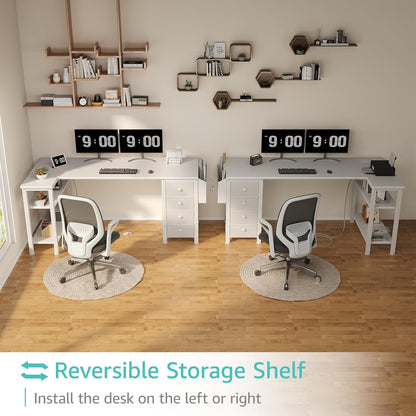 White L Shaped Desk 55 Inch With Power Outlet And Storage ShipItFurniture