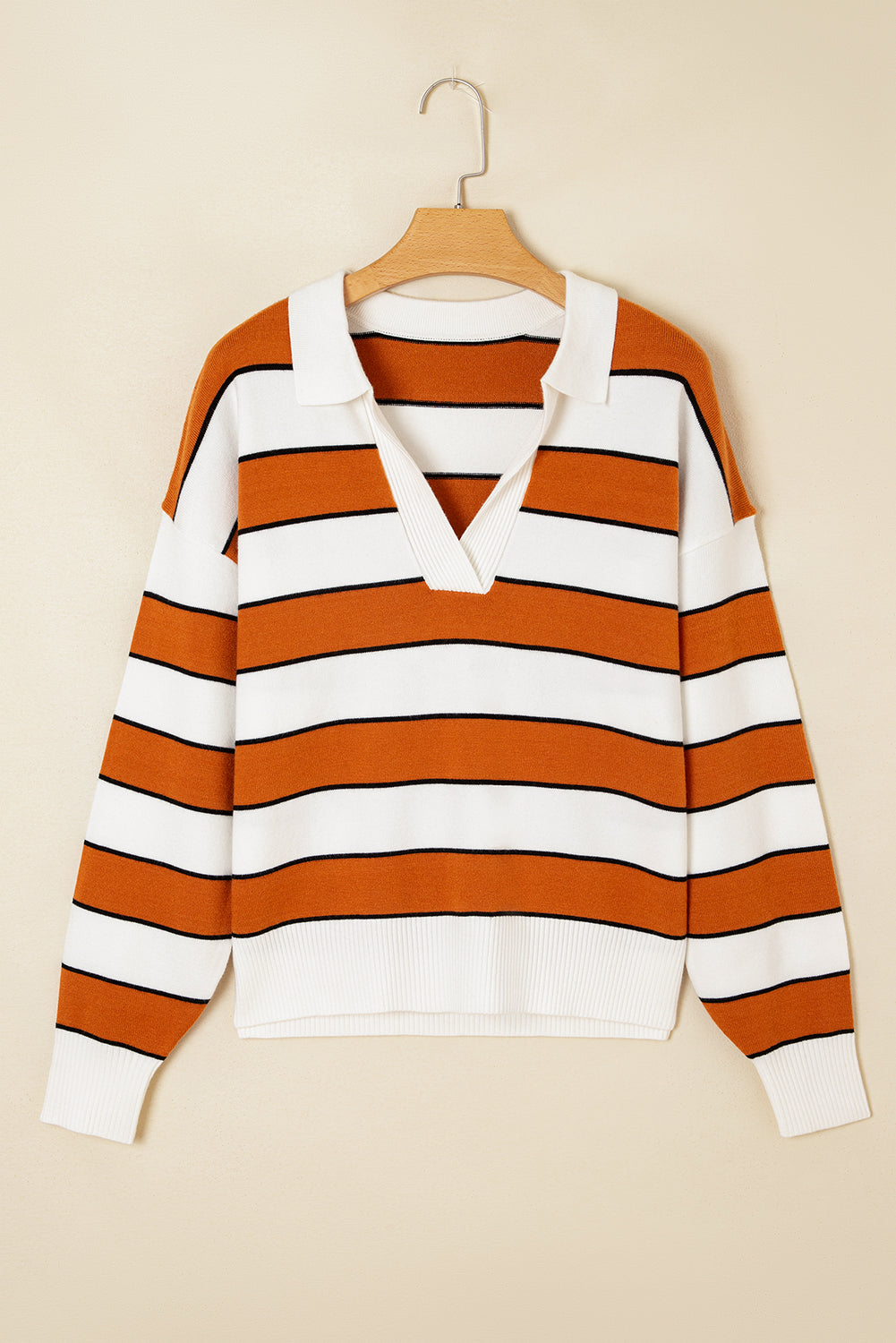 Valeria Stripe Ribbed Polo Collar Drop Shoulder Sweater Threaded Pear