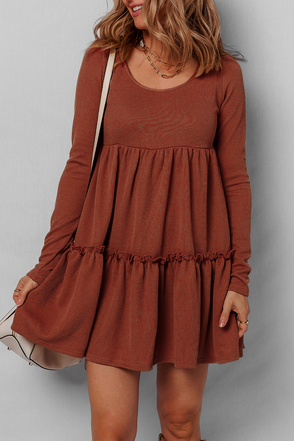 Everleigh Ribbed Frilled Trim High Waist Dress Threaded Pear