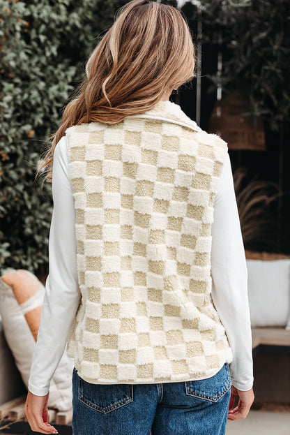 Stevie Sherpa Checkerboard Button Vest With Pocket