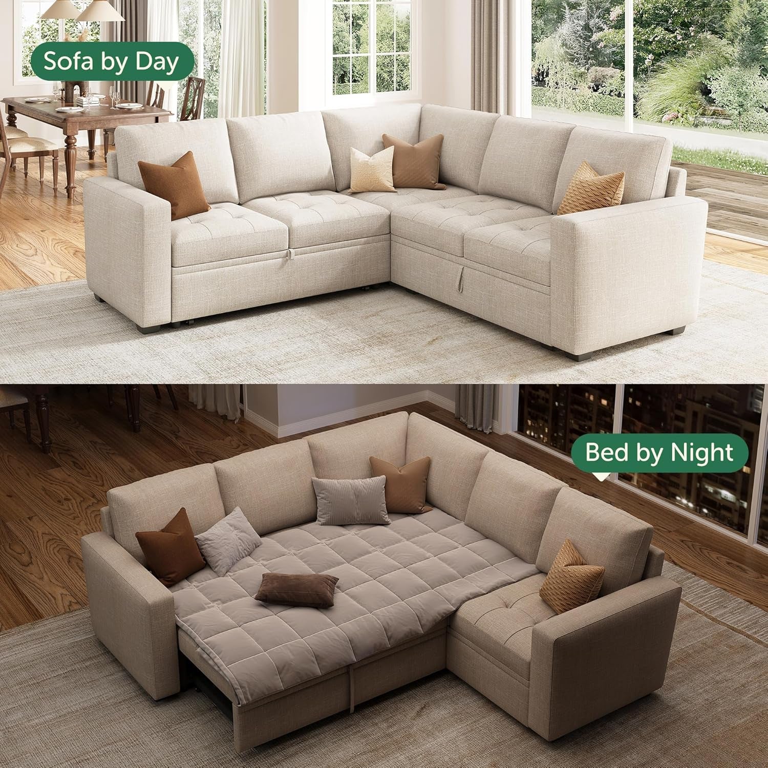 Beige Modular Sleeper Sectional Sofa With StorageBin ShipItFurniture