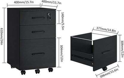 3 Drawer Wood Mobile File Cabinet With Wheels Black Under Desk Office Storage For Home Office Use ShipItFurniture