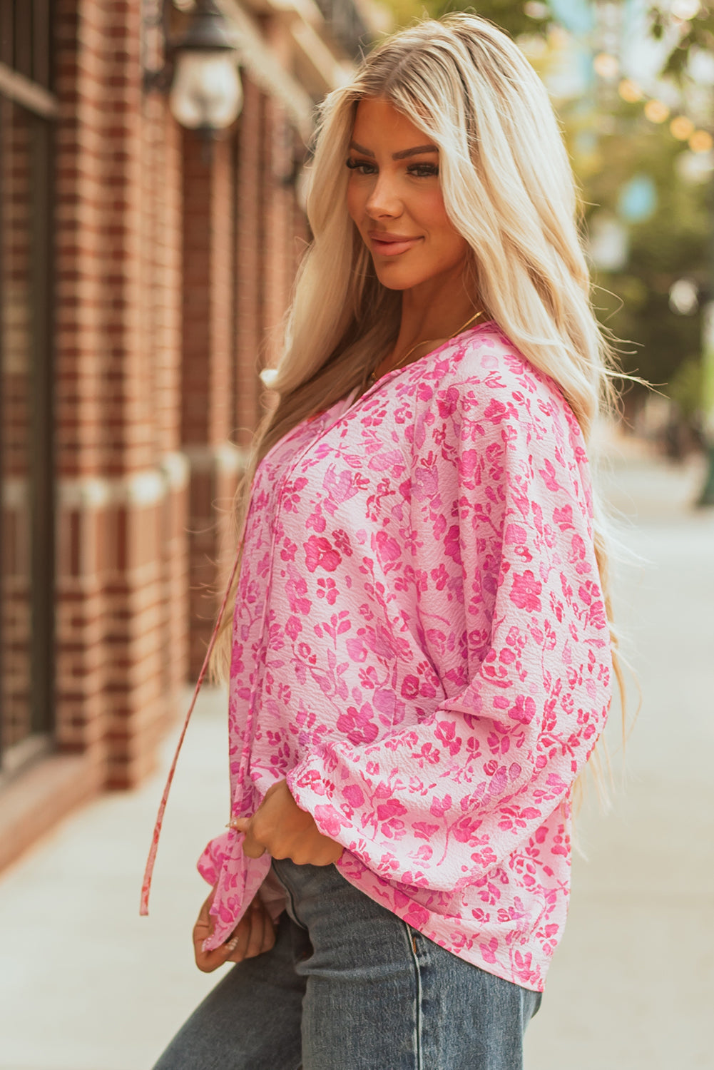 Adalyn Floral Puff Sleeve Lightweight Blouse Threaded Pear