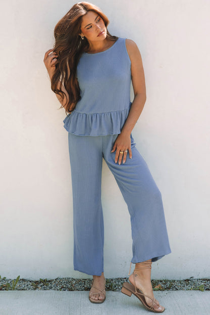 Teresa Ribbed Ruffle Tank Top and Pants Set