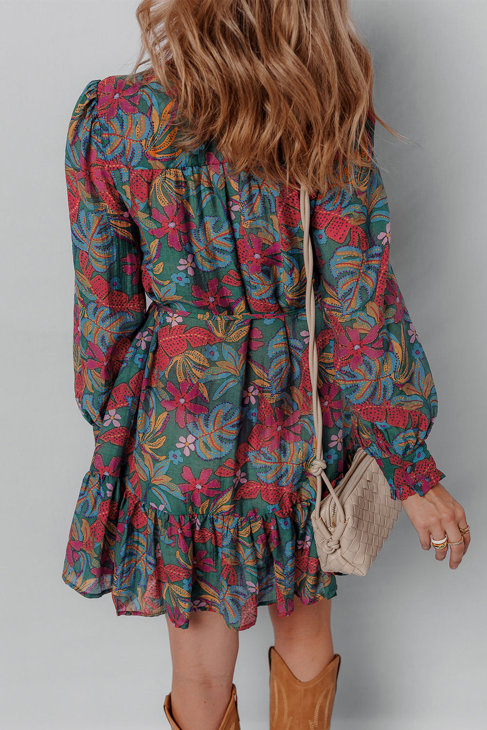 Maria Floral V Neck Puff Sleeve Dress Threaded Pear