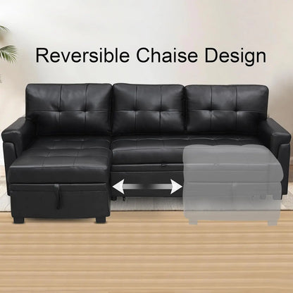 Sleeper Sectional Sofa Black Leather With Convertible Bed ShipItFurniture
