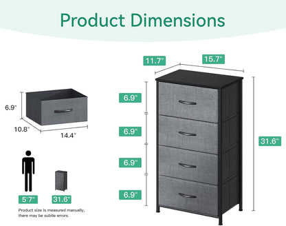 Dresser for Bedroom with 4 Storage Drawers, Small Dresser Chest of Drawers Fabric Dresser with Sturdy Steel Frame, Dresser for Closet with Wood Top, Dark Grey ShipItFurniture