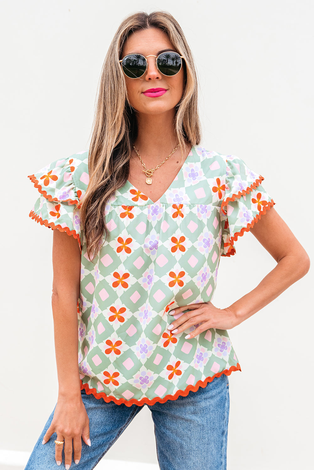 Belen Floral Layered Flutter Sleeve Rac Trim Blouse