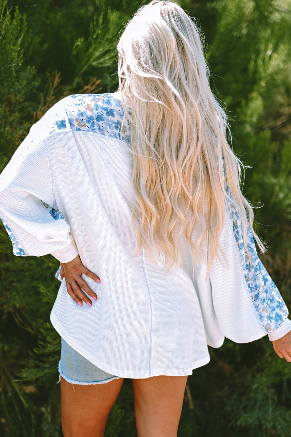 Eliana Floral Patchwork V Neck Blouse Threaded Pear