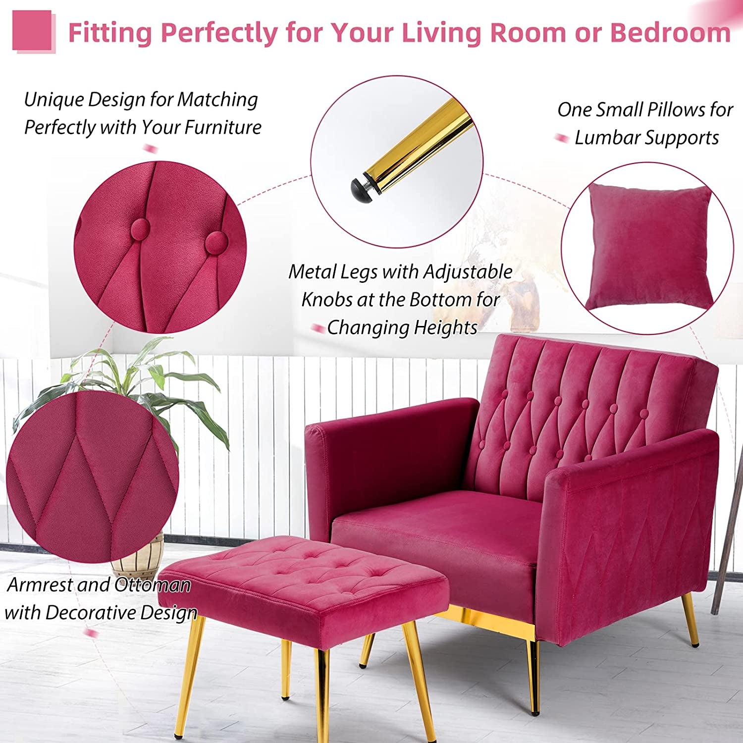 Accent Chair Recliner With Adjustable Armrests Fuchsia ShipItFurniture