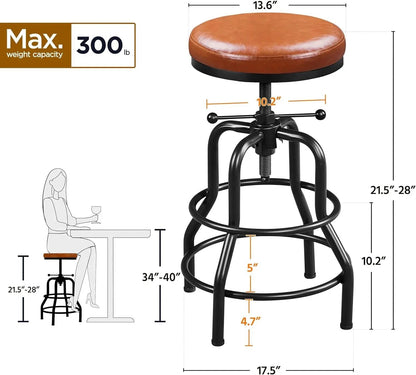 Industrial Bar Stools Vintage Counter Height Bar Stool with round Faux Leather Seat Metal Stool Adjustable Kitchen Stool 21.5-28 Inch Tall Light Brown, 1PCS-2