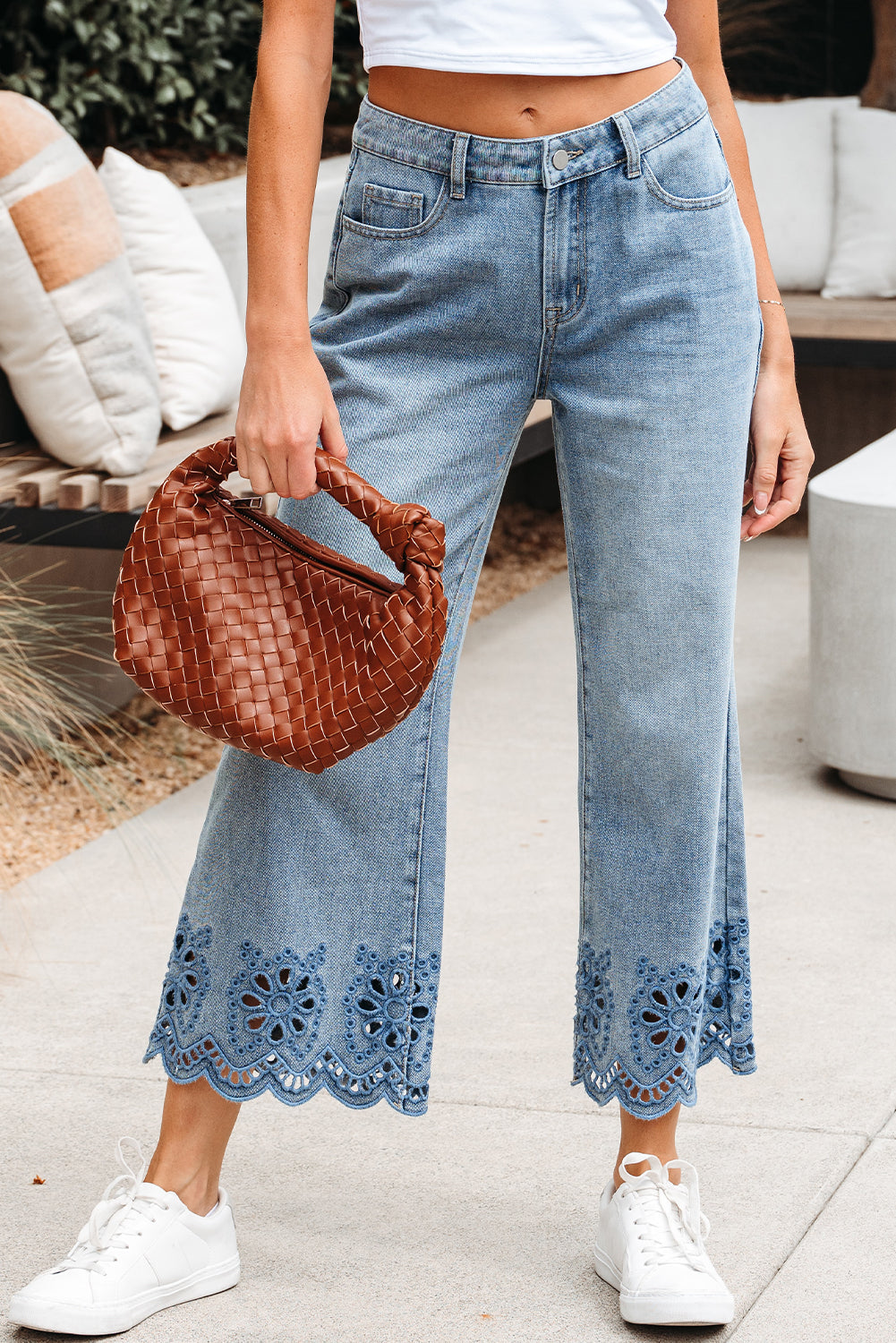 Juliette Embroidered Cropped Wide Leg High Waist Jeans Threaded Pear