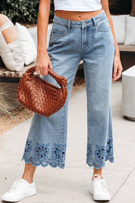 Juliette Embroidered Cropped Wide Leg High Waist Jeans Threaded Pear