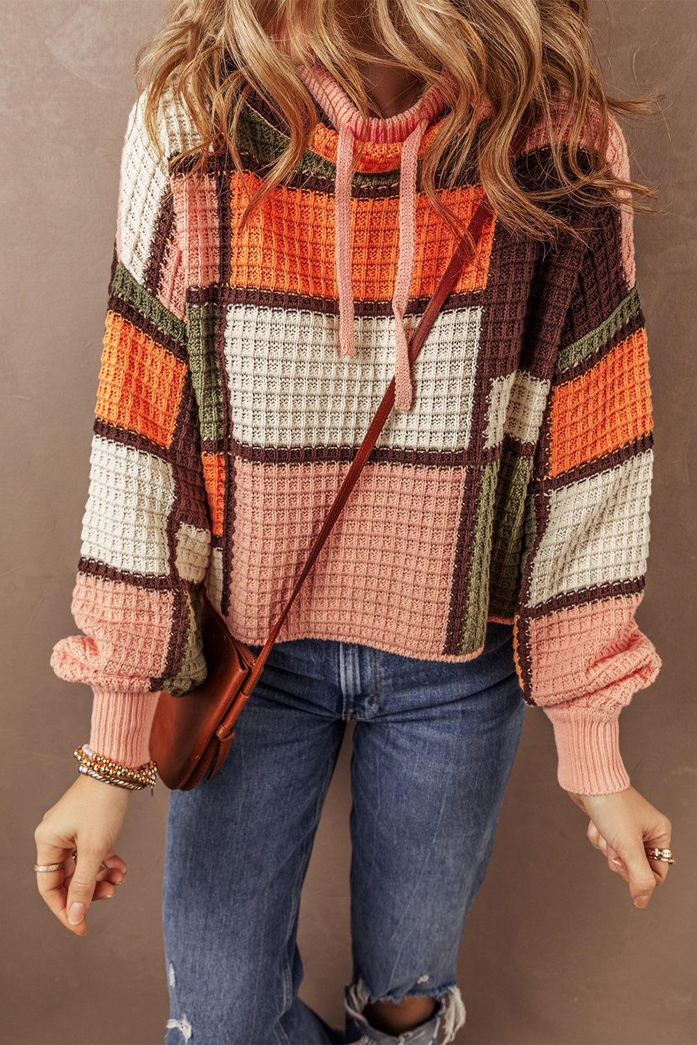 Zoey Waffle Knit Drawstring Mock Neck Sweater Threaded Pear
