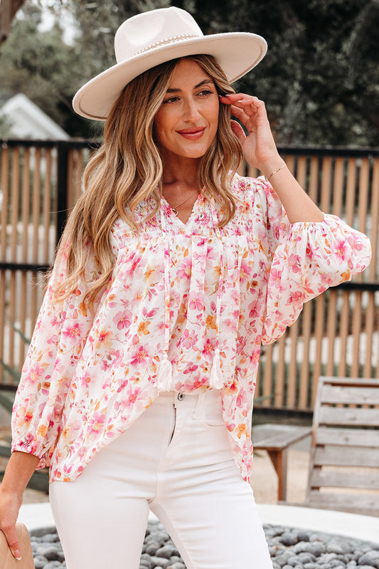Sienna Floral Tassel Tie Tunic Blouse Threaded Pear