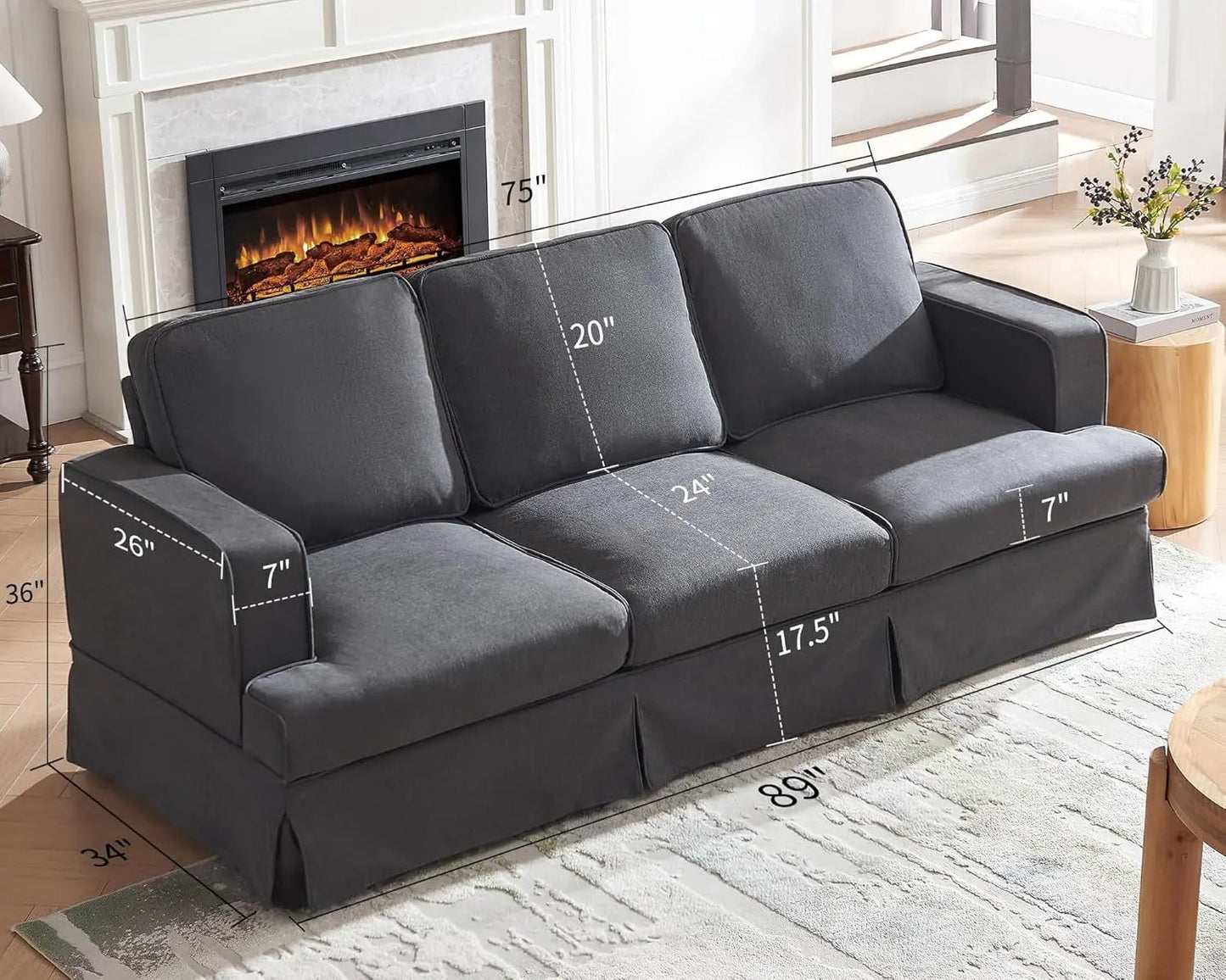 Modern Sofa, 89 Inch Slipcovered Sofa, 3 Seater Sofa Comfy Couch for Living Room Office, Linen Grey Oversized Couch-1