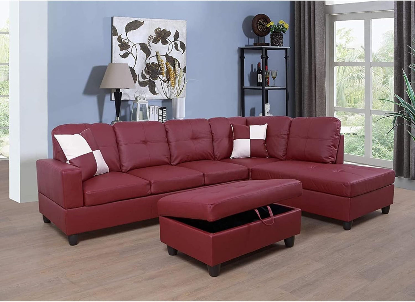 Sectional Sofa Faux Leather L Shaped 103.5 Inch Wide Red ShipItFurniture