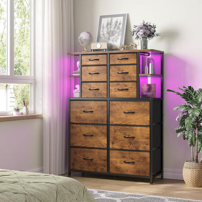 Dresser for Bedroom with LED Lights, 12 Drawers Bedroom Dresser, Dresser and Tall Dresser with Open Shelves, Fabric Dressers & Chests of Drawers with Sturdy Metal Frame, Rustic Brown ShipItFurniture