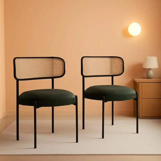 Kitchen Chairs Set of 2, Mid-Century Modern Dining Chairs,Kitchen Dining Room Chairs, Rattan Backrest round Upholstered Sherpa Dining Chairs(Green)-0