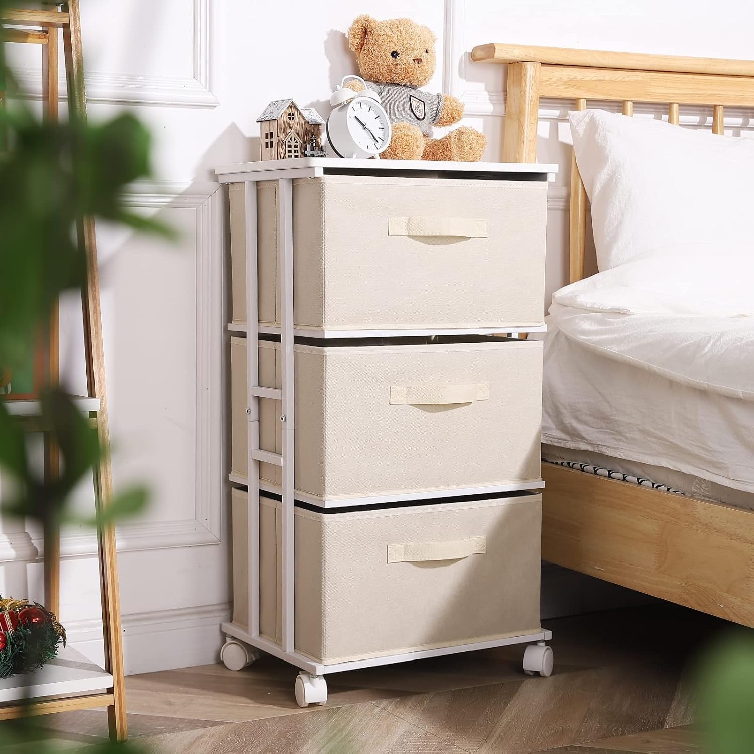 Dresser Tower with 3 Drawers,Fabric Dresser Drawer Organizer Unit,Dresser Chest with Wood Top,Vertical Storage Dresser,Small Dresser for Bedroom,Office-Beige ShipItFurniture