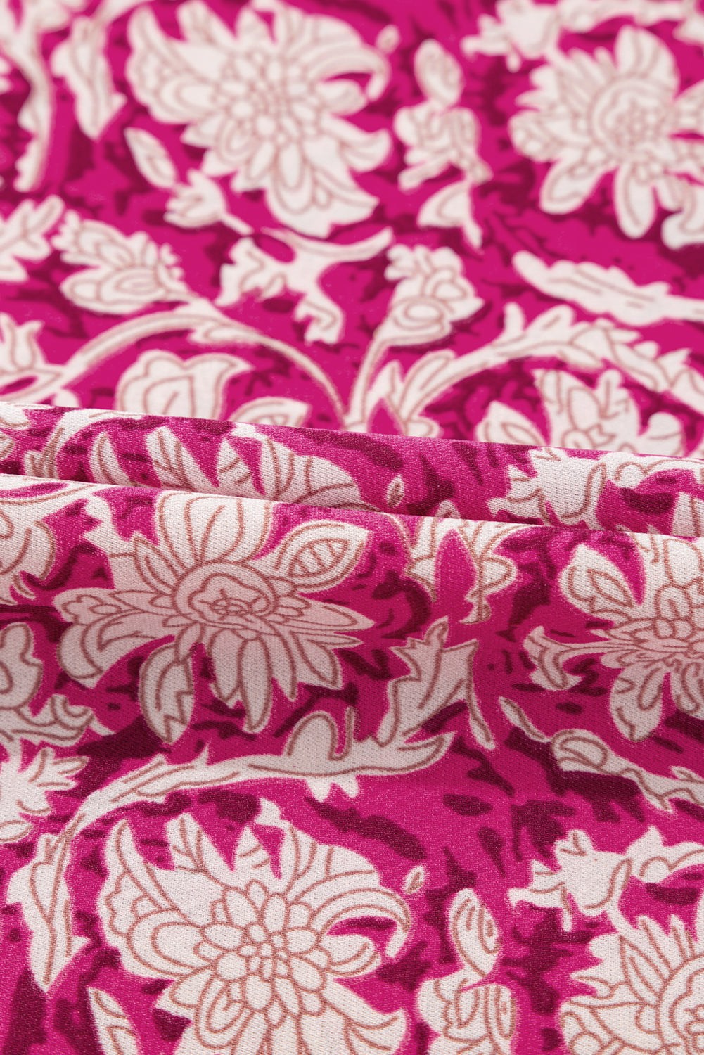 Pink Floral Print Split Neck Pleated Puff Sleeve Blouse