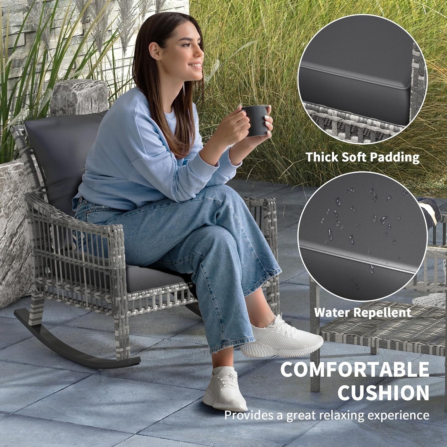 Wicker Outdoor Rocking Chair Set with Storage Table ShipItFurniture
