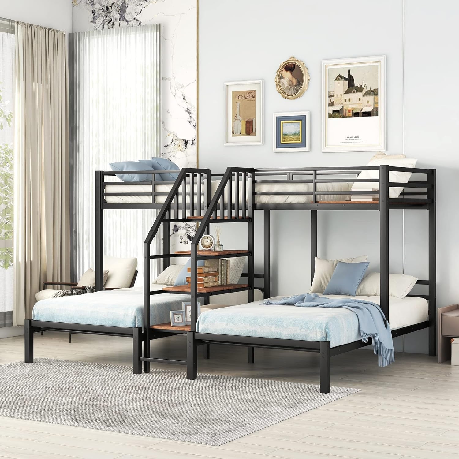 Metal Triple Bunk Bed with Stairs, 3 Beds Bunk Bed, Twin over Twin & Twin Bunk Bed with Storage Shelves Staircase, for Kids Teens Adults, Black ShipItFurniture