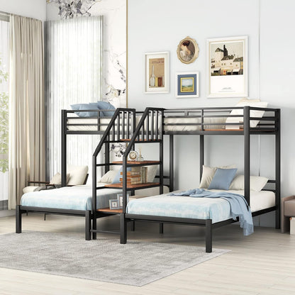 Metal Triple Bunk Bed with Stairs, 3 Beds Bunk Bed, Twin over Twin & Twin Bunk Bed with Storage Shelves Staircase, for Kids Teens Adults, Black ShipItFurniture