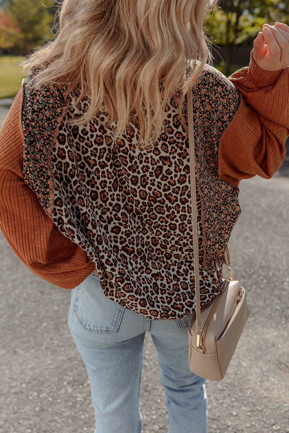 Natalie Leopard & Floral Patchwork Loose Top Threaded Pear