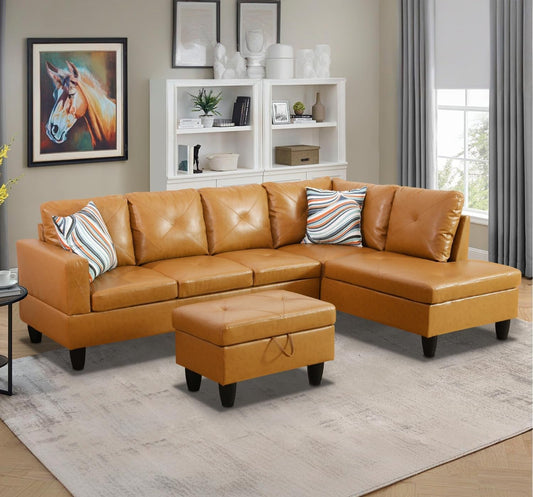 Leather Sectional Sofa L Shape With Storage Ottoman Ginger ShipItFurniture