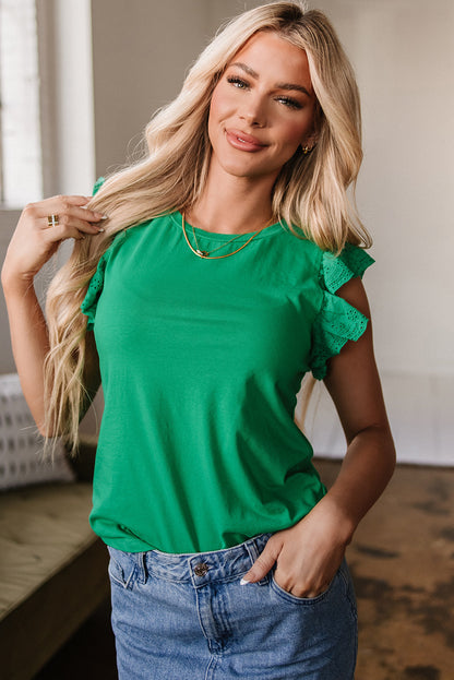 Nellie Embroidered Ruffled Sleeve Slim Fit Crew Neck Top